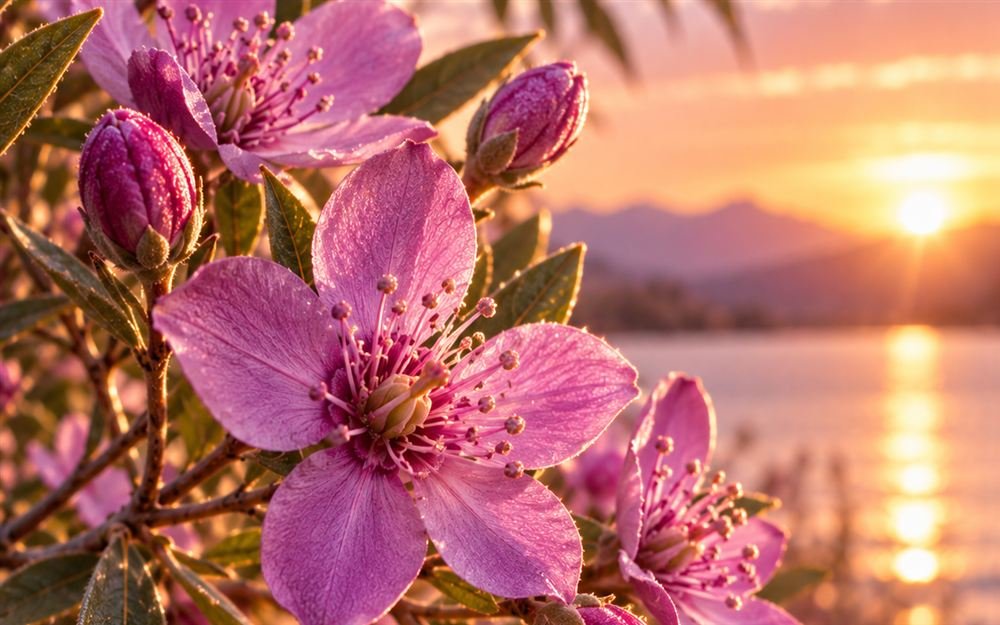 Pinke Dog-Rose-Blüten im Sonnenuntergang am Wasser