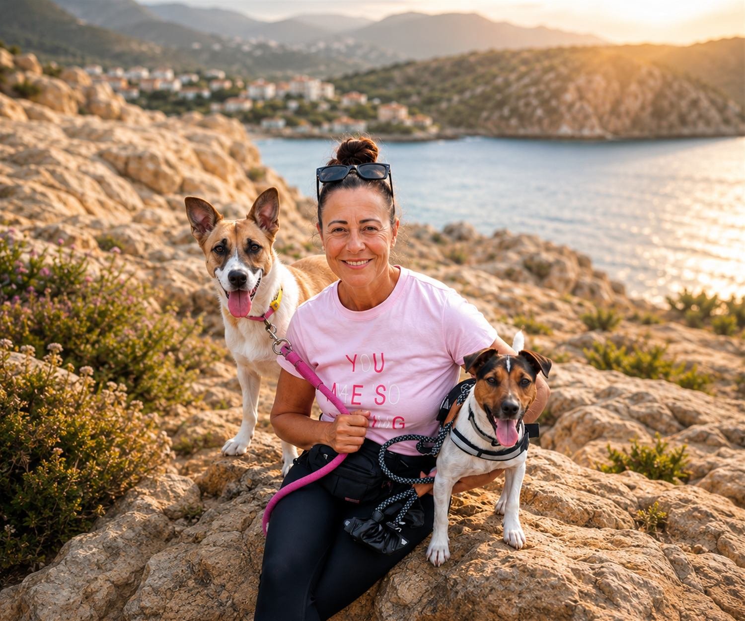 Frau sitzt lächelnd mit zwei Hunden auf Felsen an der Küste im Sonnenuntergang