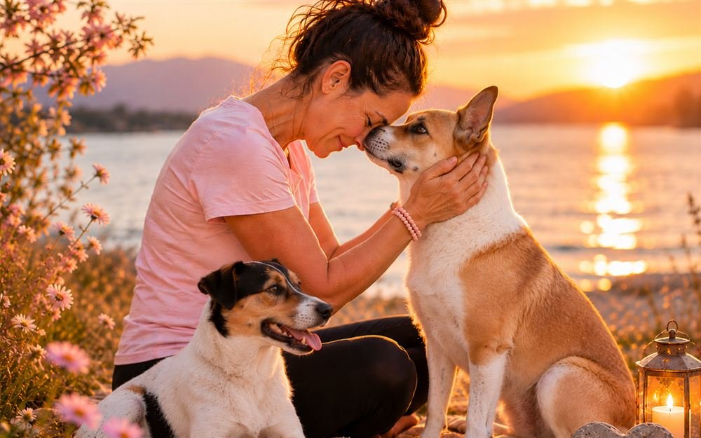 Frau umarmt liebevoll zwei Hunde bei Sonnenuntergang am Wasser